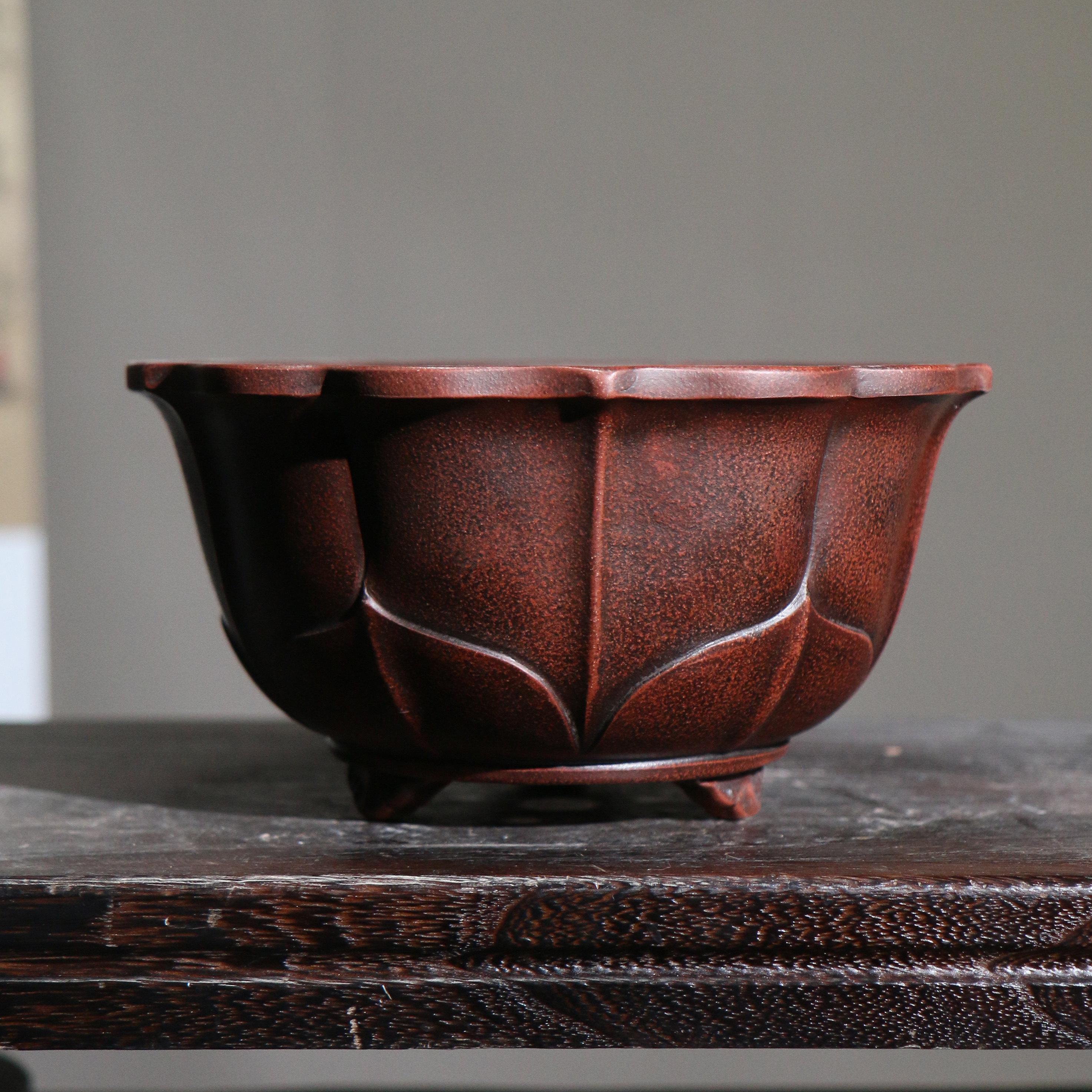 紫砂花盆手工收藏工艺品日式日本莲花形盆景盆