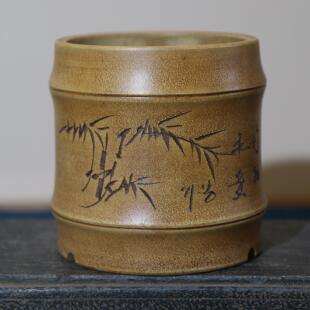 紫砂花盆手工盆盆景盆铁画轩竹节小盆刻绘仿古竹节盆竹子海军制