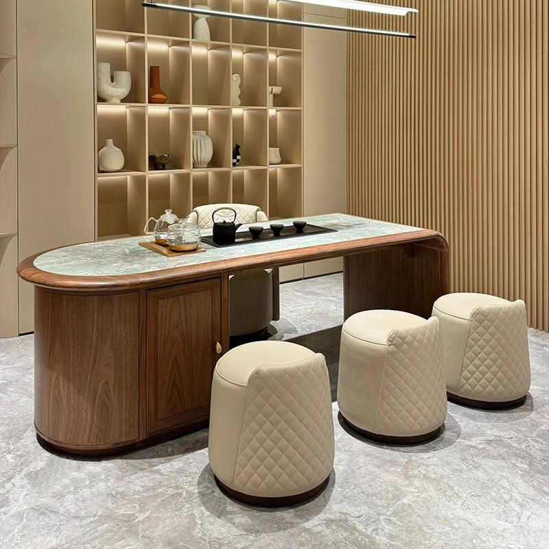 新中式实木茶桌椅高端岩板茶台北美黑胡桃木轻奢现代高级感办公室