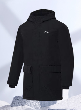 李宁冬季新品运动系列男子外穿休闲保暖连帽中长款棉服AFMR013