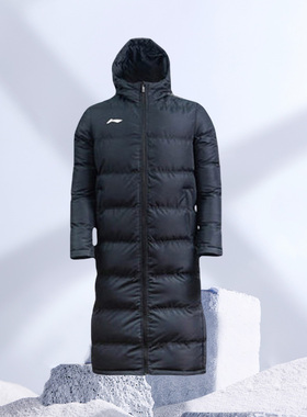 李宁棉服冬季男中长款过膝加厚保暖风外套连帽长款大衣AFMR463
