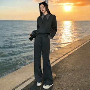 套装 促销 女春季 设计烫钻珠卫衣阔腿裤 拼接色衣领衣袖 韩系高级时尚