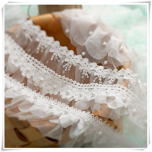 MAMASA双层钉珠立体皱褶网纱花边