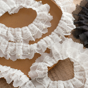 宽5cm黑白双层无弹皱褶蕾丝花边 手工珍珠雪纺辅料