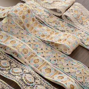 梦幻彩色金亮片民族风骨线织带花边 棉骨线蕾丝辅料 新中式