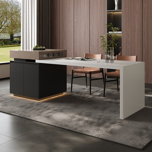 简桌简咖岩板岛台餐桌一体可伸缩意式极简高级感中岛台可定制导台