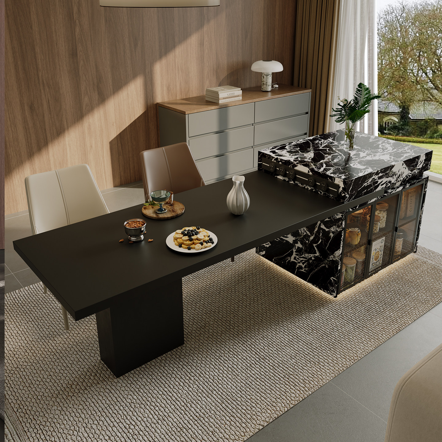 拿破仑黑岩板岛台餐桌一体可伸缩家用意式现代轻奢开放式厨房岛台,住宅家具,岛台餐桌,淘宝优惠券,粉丝福利购,淘宝优惠卷