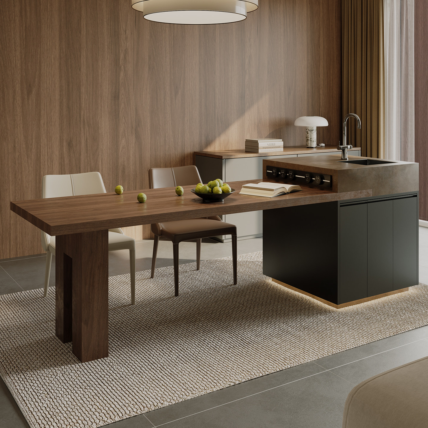 现代简约实木岛台餐桌一体式厨房餐厅多功能长条桌