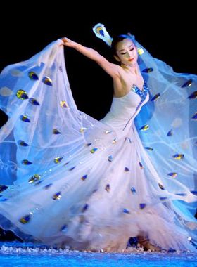 白色孔雀裙舞蹈服傣族服民族服名星同款演出服装孔雀舞孔雀之灵纱