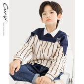 纯一良品童装 男童洋气休闲卫衣春秋儿童条纹撞色拼接上衣