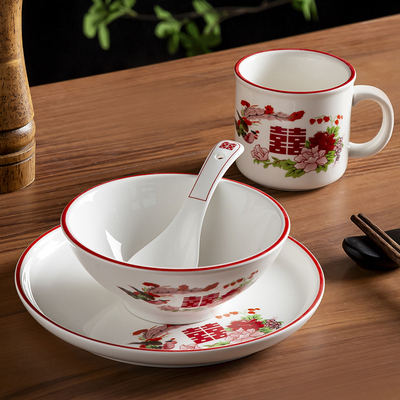 湘菜饭店酒楼复古陶瓷摆台餐具喜宴农家乐餐厅四件套盘碗套装定制