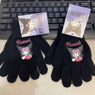 约6-10岁外贸尾货儿童手套分指Kuromi黑色针织手套库洛米手套女童