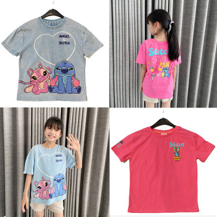 瑕疵全棉宽松短袖上衣儿童纯棉短袖史迪仔衣服女童t恤水洗做旧t恤