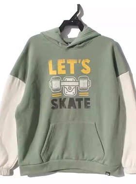 805瑕疵170高外贸原单尾货男童卫衣薄绒绿色青少年秋冬宽松帽衫