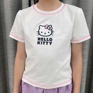303瑕疵140-150高棉氨纶t恤hello kitty短袖女童紧身短款白色t恤