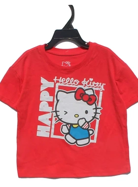 130-150高外贸尾货kitty猫上衣女童短袖短款儿童红色t恤女孩半袖