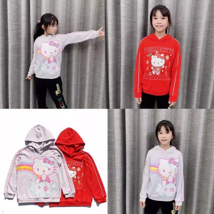 瑕疵外贸尾货hello kitty衣服儿童红色薄绒女童卫衣春秋款帽衫