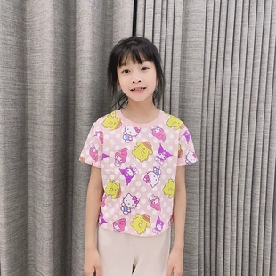 外贸原单哈喽kitty短款独特漂亮t恤女童半袖满印t恤儿童短袖女孩
