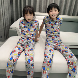 110-130马里奥衣服儿童super mario儿童睡衣短袖长裤龙凤胎兄妹装