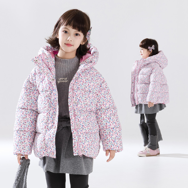 冬装新款女童棉服外套中大儿童装冬季加厚保暖棉衣连帽满印花棉袄