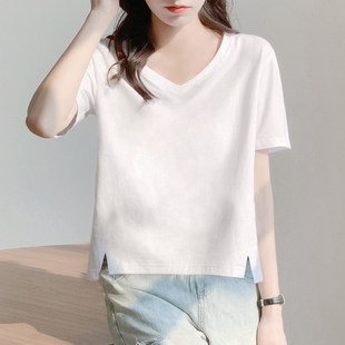 白色v领t恤女宽松短袖百搭正肩下摆开叉内搭打底衫2026新款夏装潮