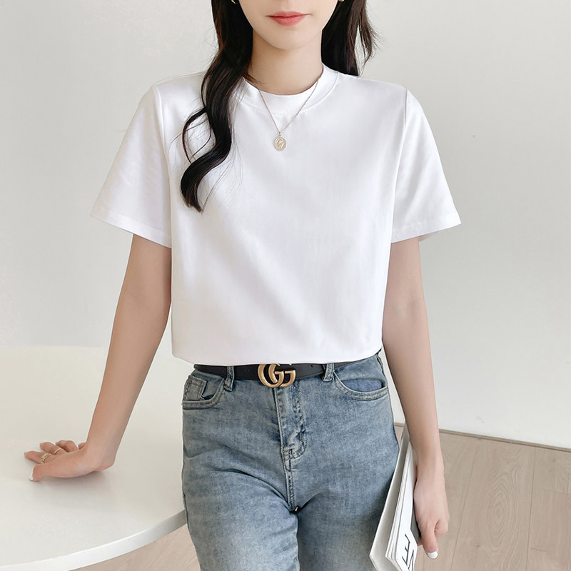 白色半高领t恤女短袖宽松百搭大码上衣夏季2025新款女装中领体恤