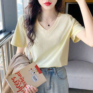 奶黄色短袖v领t恤女宽松夏季港风正肩漂亮白色体恤上衣2026年新款