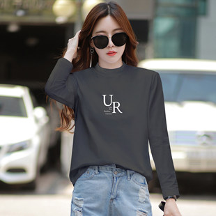 灰色半高领t恤女长袖宽松棉质正肩上衣2026新款内搭打底衫体恤潮