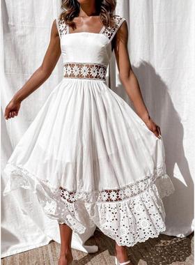 Women's Dress White Hollow Out Cotton Sundress Lace Sleevele