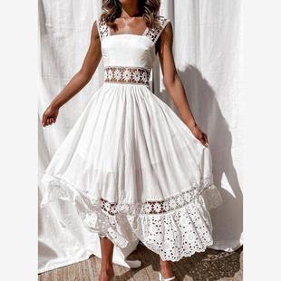 Women's Dress White Hollow Out Cotton Sundress Lace Sleevele