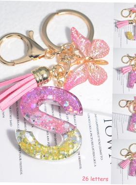 Cute Resin A-Z Initials Letter Keychain Pink Sparkle Butterf