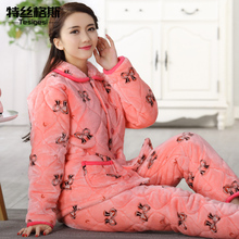 睡衣女冬季加厚保暖可爱珊瑚绒秋冬棉袄法兰绒三层夹棉套装家居服