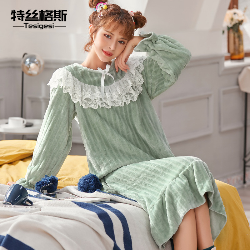 睡裙女秋冬加厚珊瑚绒睡衣女长袖甜美可爱公主风法兰绒大码家居服