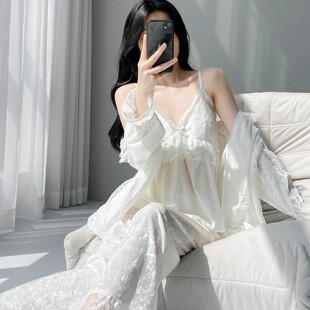 金丝绒睡衣女带胸垫甜美蕾丝性感纯欲风秋冬季长袖长裤三件套装