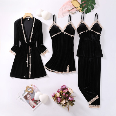 金丝绒睡衣女秋冬吊带睡裙家居服