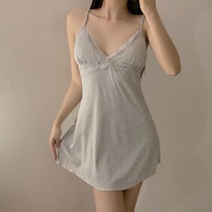 莫代尔睡衣性感女款夏季纯欲吊带胸垫睡裙女春秋韩版小个子家居服