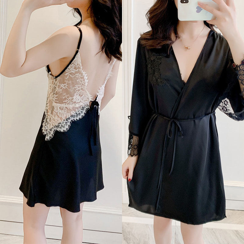 露背睡衣女夏季小性感冰丝绸薄款吊带胸垫蕾丝美背睡裙春秋两件套