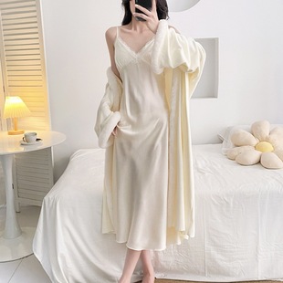 海岛绒睡衣女2025新款冬秋加厚长款性感蕾丝吊带胸垫睡裙可外穿