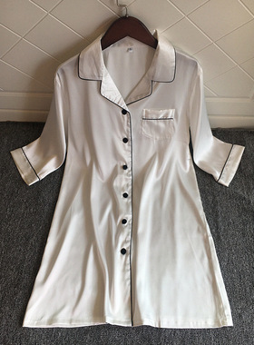 白色衬衫睡衣女长款中袖男友风性感睡裙女夏季冰丝绸开衫衬衣式