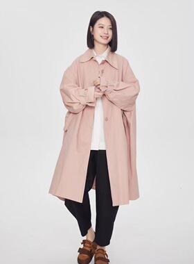 翠色嘉人2026春季新款翻领宽松大码纯棉休闲通勤女风衣外套80052