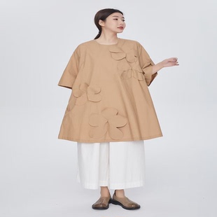 衬衫 紫布语2026夏季 圆领短袖 通勤文艺立体花卉大码 连衣裙366 新款