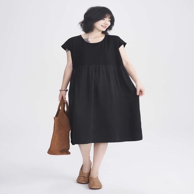 翠色嘉人2026夏季新款通勤文艺弹力针织棉拼接铜氨丝连衣裙C8018