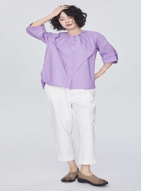 翠色嘉人港风高级感七分袖女衬衫2026春夏新款宽松压褶上衣84018