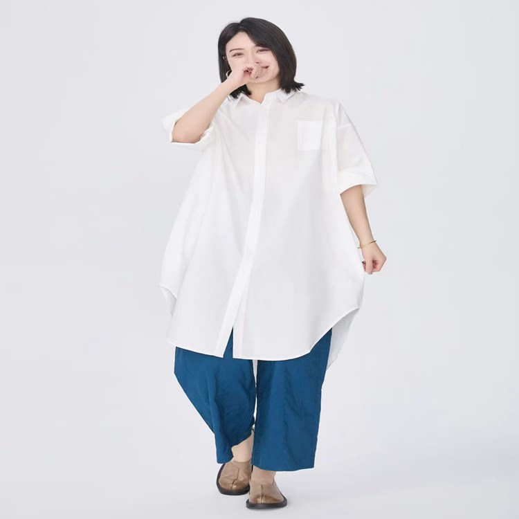 紫布语2026夏季新款甜美减龄百搭翻领长款纯棉五分袖衬衫裙女676