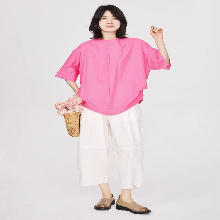 翠色嘉人2026夏季新款甜美减龄百搭圆领短袖套头棉布衬衫女85057