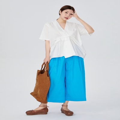 紫布语2026夏季新款韩版设计感V领轻薄棉布褶皱上衣短袖衬衫598女