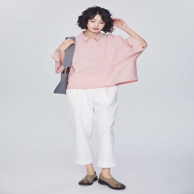 翠色嘉人2026夏季新款复古斜开扣设计宽松休闲女上衣衬衫55006