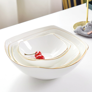 描金边骨瓷餐具翘角盘西餐平盘汤盘意面碗骨瓷菜盘子异型盘四方盘