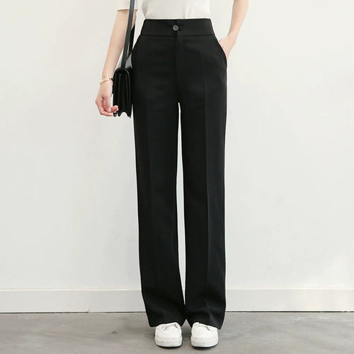 Штаны, черный осенний костюм для отдыха, высокая талия, свободный прямой крой, по фигуре