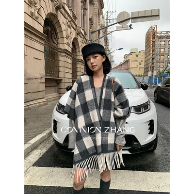 CZ ZHANG秋粗花呢复古格子流苏名媛披肩女保暖斗篷围巾 B49003-9